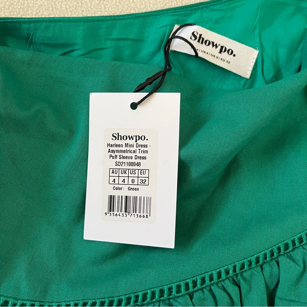 NEW ShowPo Harleen Asymmetrical Puff Sleeve Mini Dress Green Wedding Party Derby - Picture 6 of 11